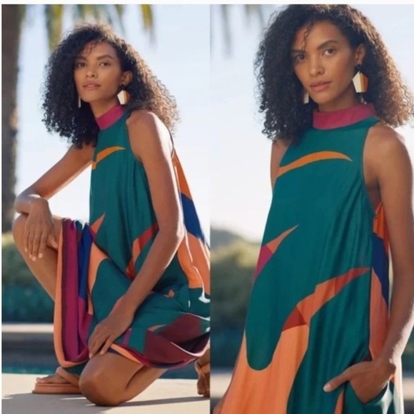 Farm Rio for Anthropologie Abstract Geometric High Neck Maxi Dress XS Multicolor - Picture 2 of 13